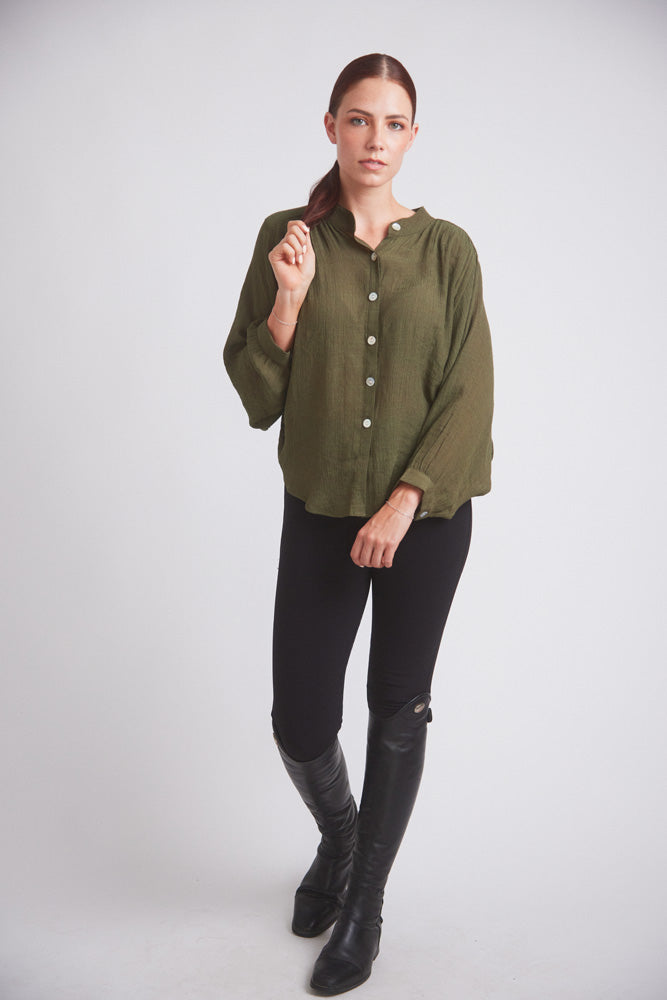 Solid Citizen Equestrian | Lee | Mandarin Collar Button Blouse | Moss Green