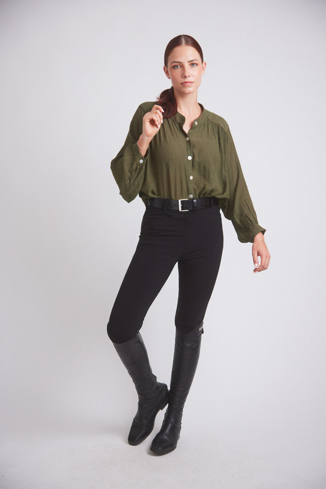 Solid Citizen Equestrian | Lee | Mandarin Collar Button Blouse | Moss Green