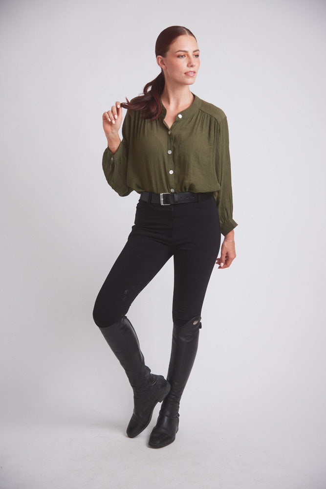 Solid Citizen Equestrian | Lee | Mandarin Collar Button Blouse | Moss Green