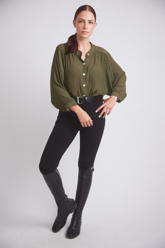 Solid Citizen Equestrian | Lee | Mandarin Collar Button Blouse | Moss Green