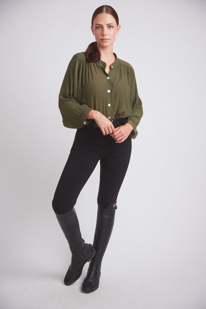 Solid Citizen Equestrian | Lee | Mandarin Collar Button Blouse | Moss Green