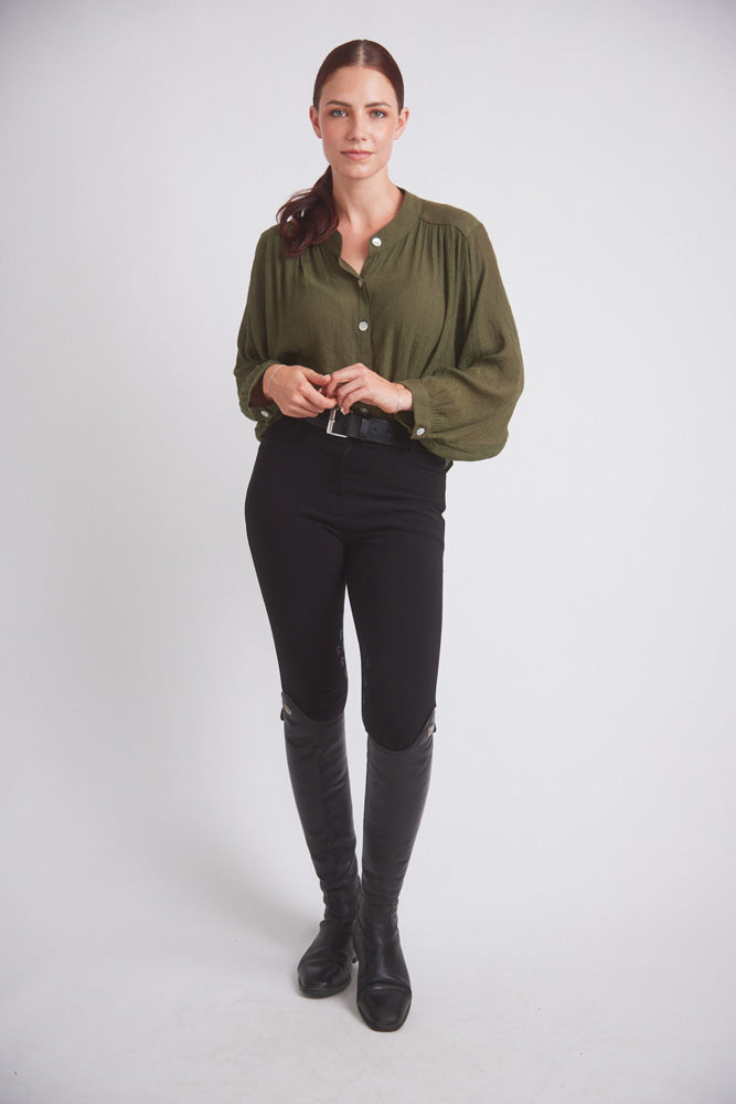 Solid Citizen Equestrian | Lee | Mandarin Collar Button Blouse | Moss Green