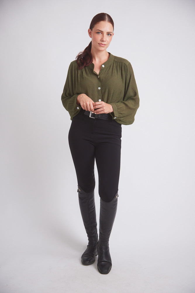 Solid Citizen Equestrian | Lee | Mandarin Collar Button Blouse | Moss Green