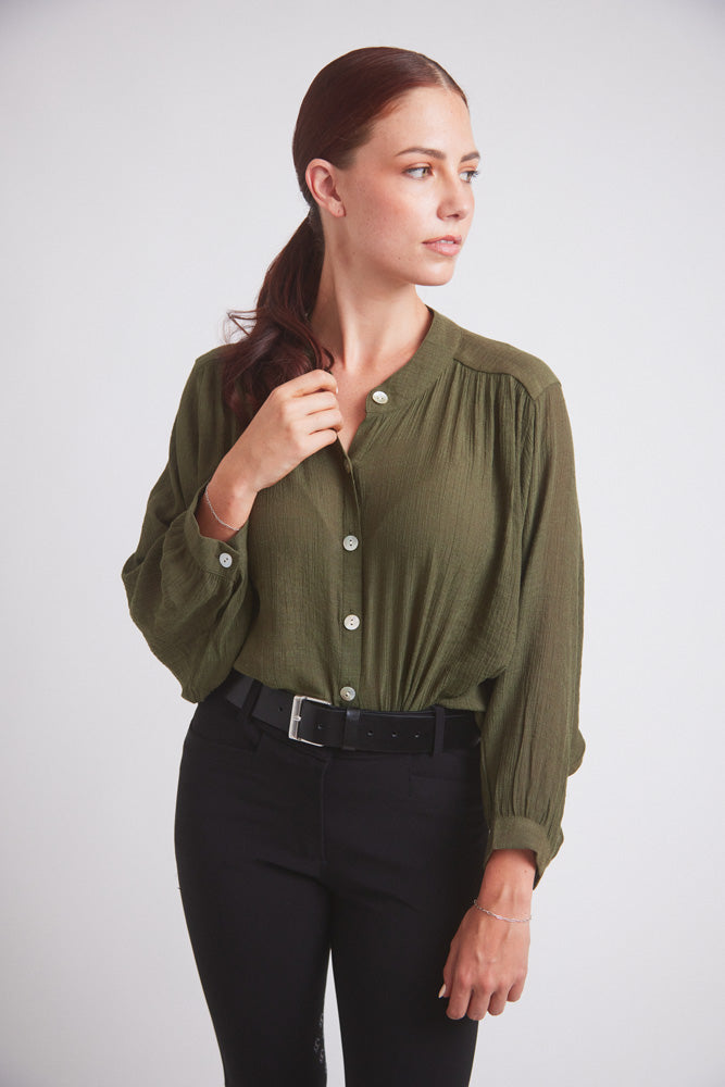 Solid Citizen Equestrian | Lee | Mandarin Collar Button Blouse | Moss Green