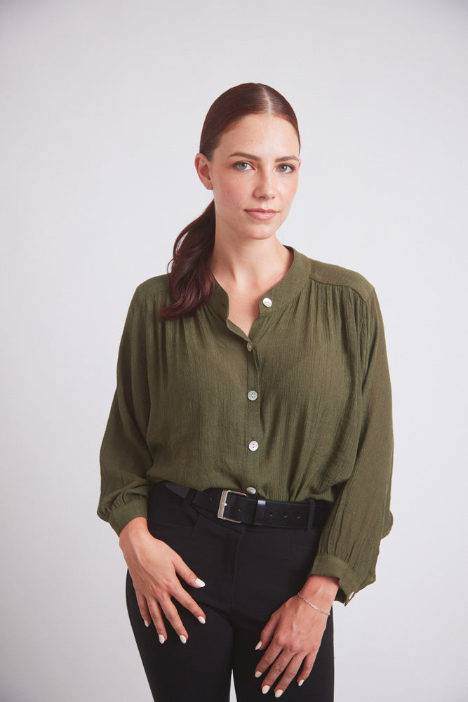 Solid Citizen Equestrian | Lee | Mandarin Collar Button Blouse | Moss Green