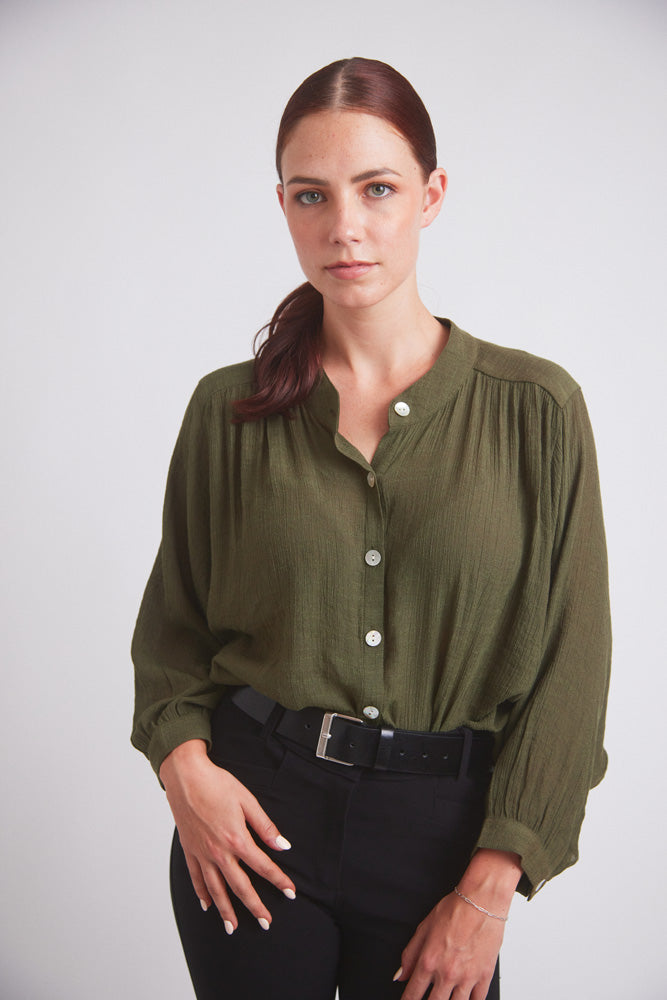 Solid Citizen Equestrian | Lee | Mandarin Collar Button Blouse | Moss Green