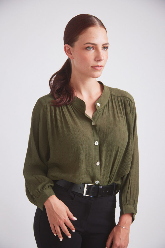 Solid Citizen Equestrian | Lee | Mandarin Collar Button Blouse | Moss Green