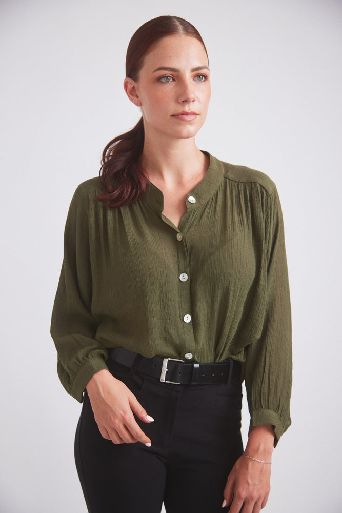 Solid Citizen Equestrian | Lee | Mandarin Collar Button Blouse | Moss Green