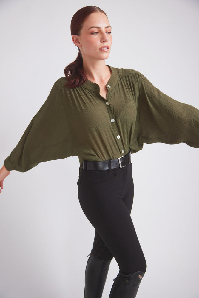 Solid Citizen Equestrian | Lee | Mandarin Collar Button Blouse | Moss Green