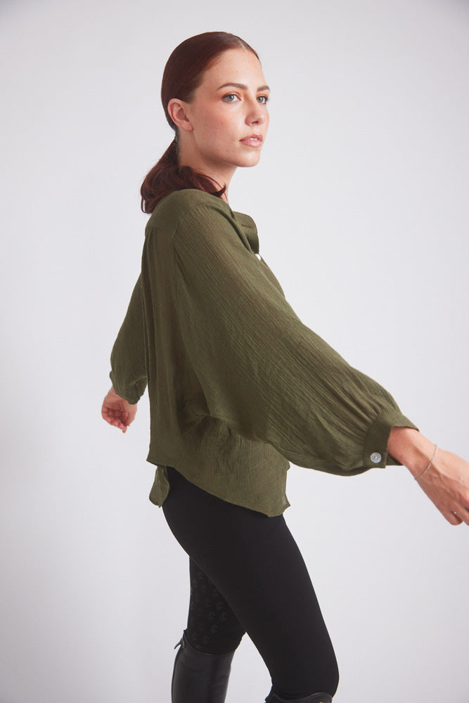 Solid Citizen Equestrian | Lee | Mandarin Collar Button Blouse | Moss Green
