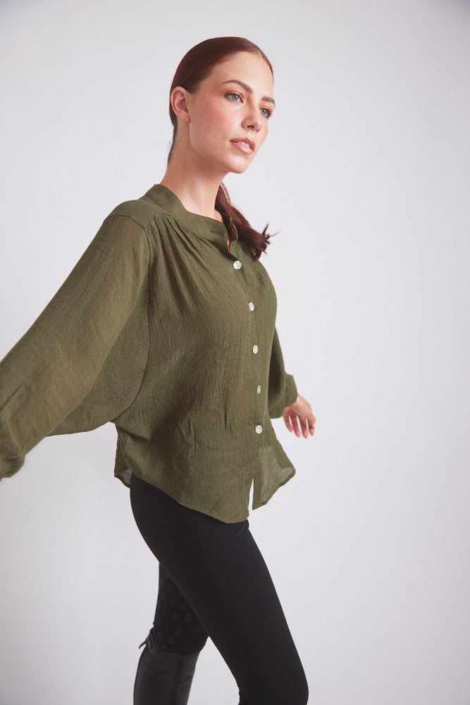 Solid Citizen Equestrian | Lee | Mandarin Collar Button Blouse | Moss Green