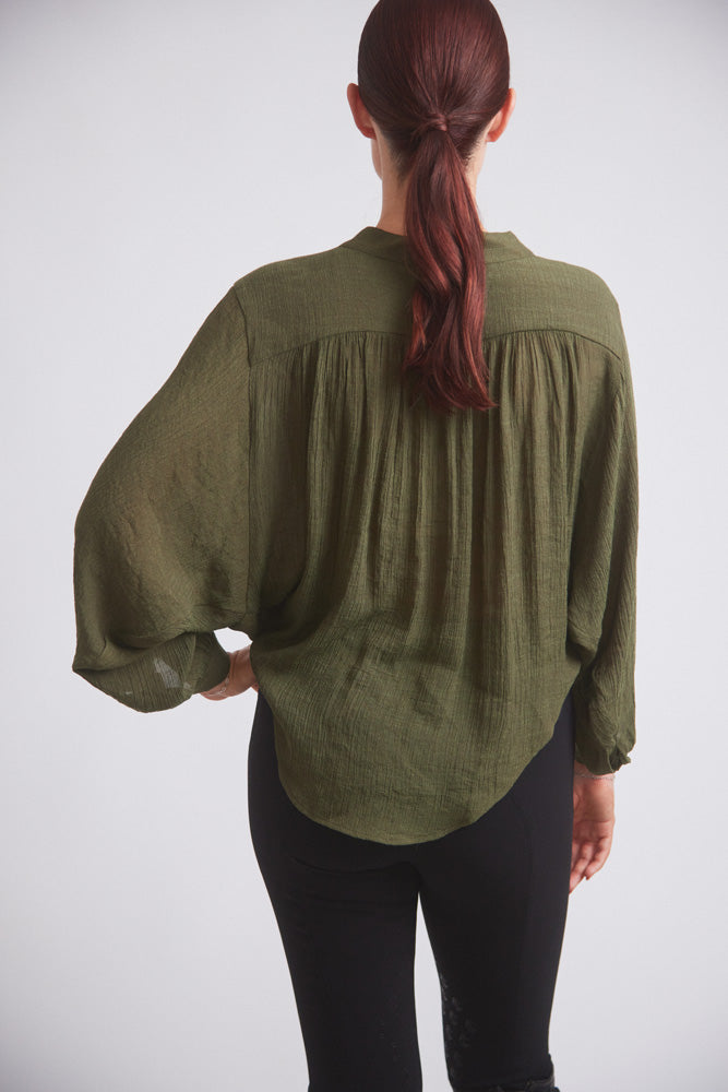 Solid Citizen Equestrian | Lee | Mandarin Collar Button Blouse | Moss Green