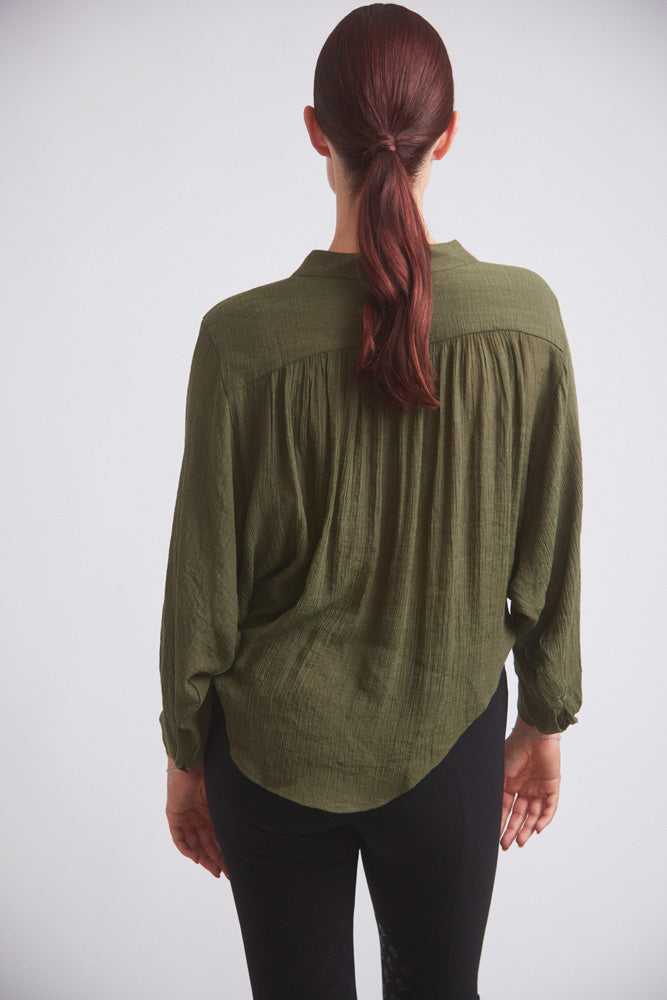 Solid Citizen Equestrian | Lee | Mandarin Collar Button Blouse | Moss Green
