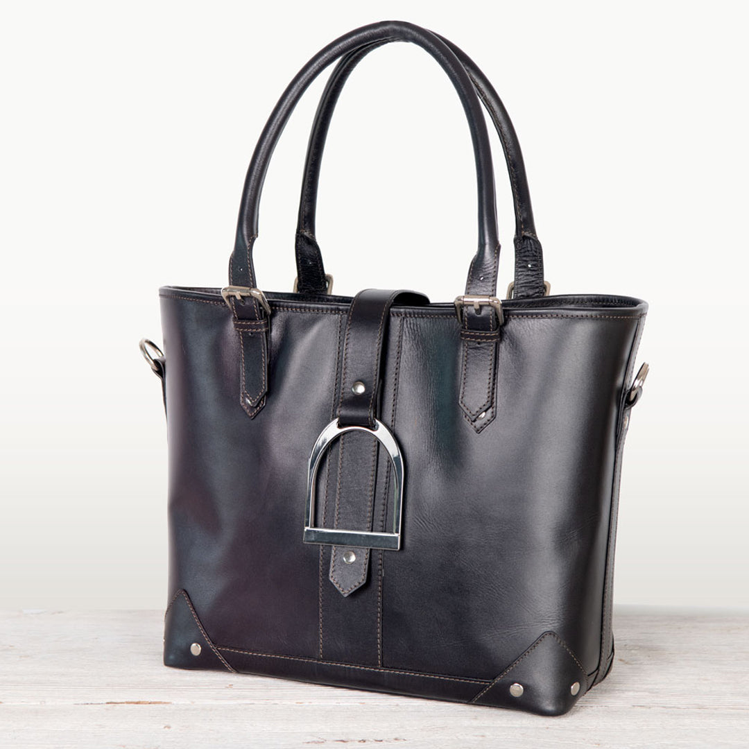 Urban Equestrian Signature - Riding Stirrup Tote Luxury Leather Handbag in Black
