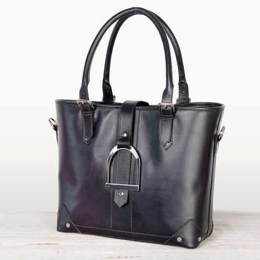 Urban Equestrian Signature - Riding Stirrup Tote Luxury Leather Handbag in Black
