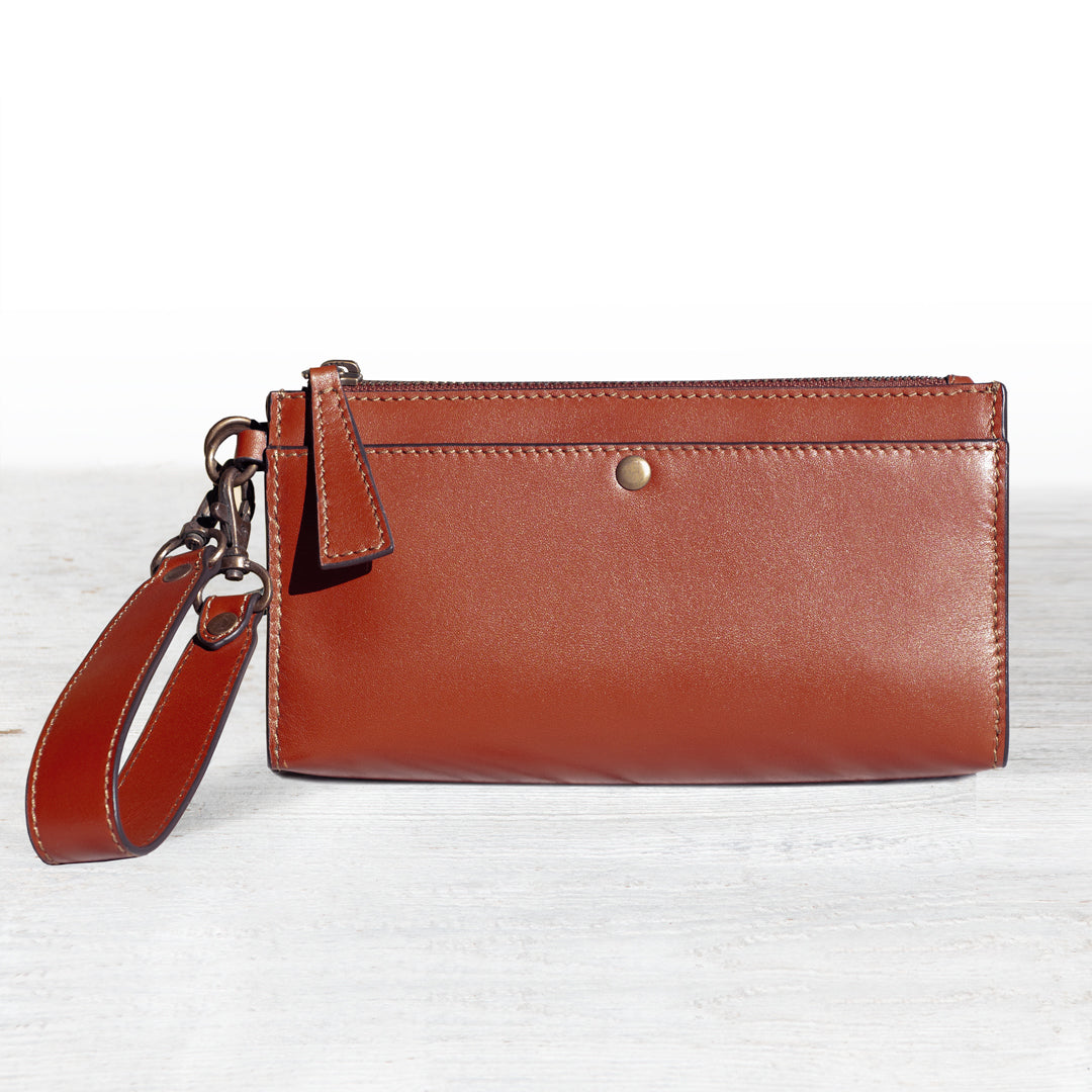 Urban Equestrian Caravel Wristlet Clutch - Luxury Leather Handbag in Cognac