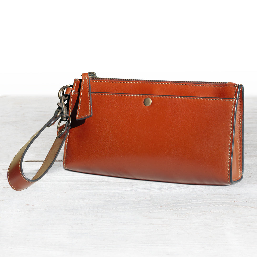 Urban Equestrian Caravel Wristlet Clutch - Luxury Leather Handbag in Cognac