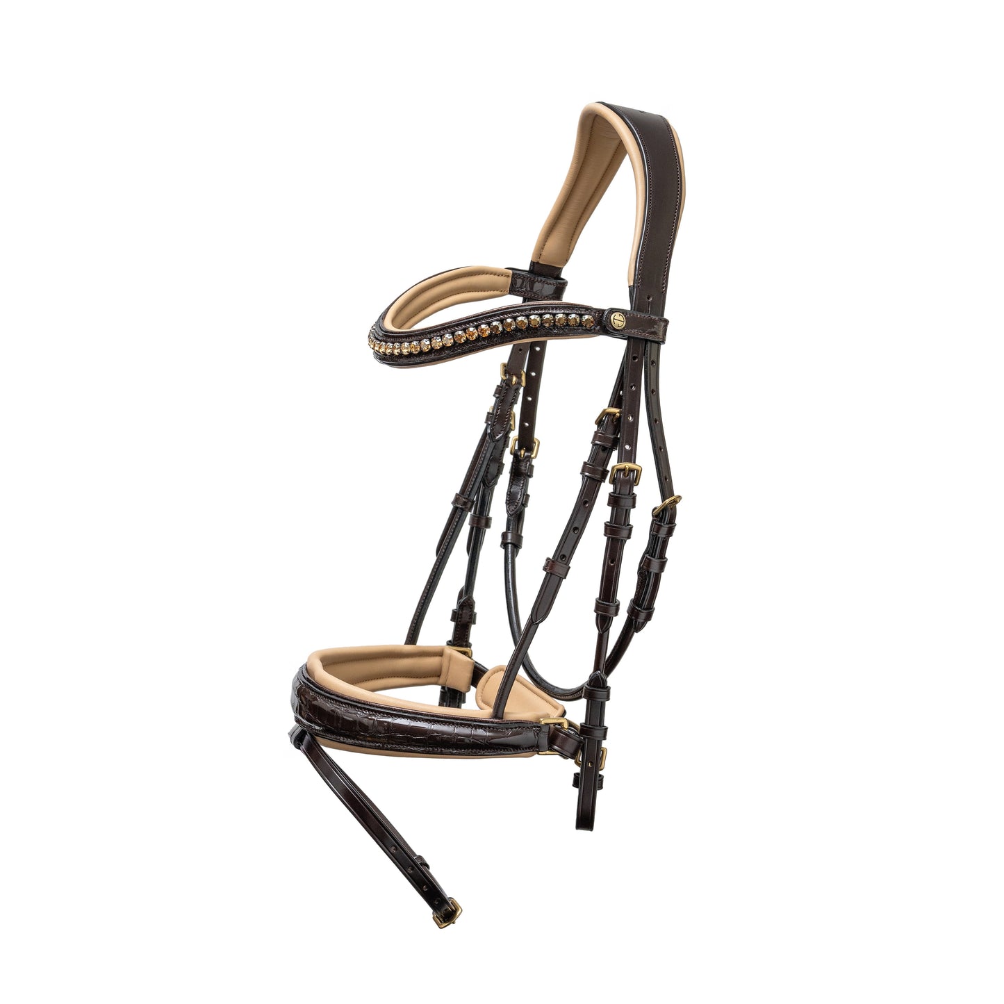 Halter Ego - The Vienna Brown Patent Leather Snaffle Bridle with Bronze Golden Sparkle Piping