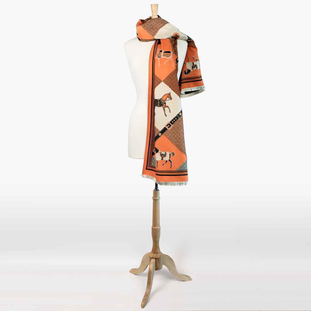 Urban Equestrian Della -  Tangerine Equestrian Motif Luxe Shawl
