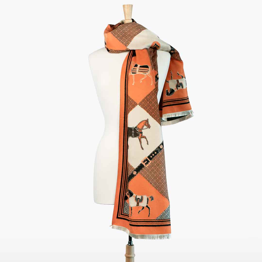 Urban Equestrian Della -  Tangerine Equestrian Motif Luxe Shawl