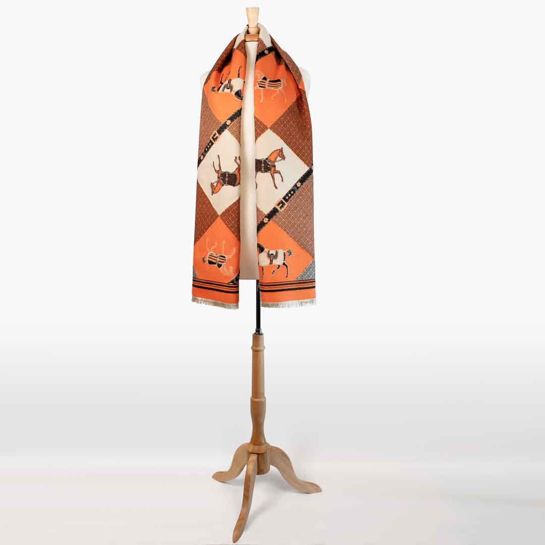 Urban Equestrian Della -  Tangerine Equestrian Motif Luxe Shawl