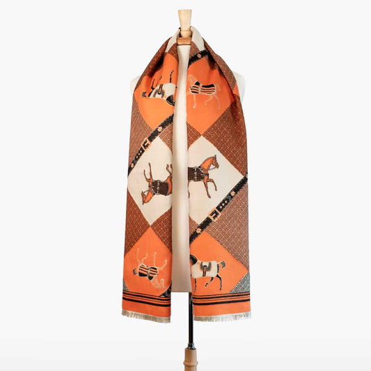Urban Equestrian Della -  Tangerine Equestrian Motif Luxe Shawl