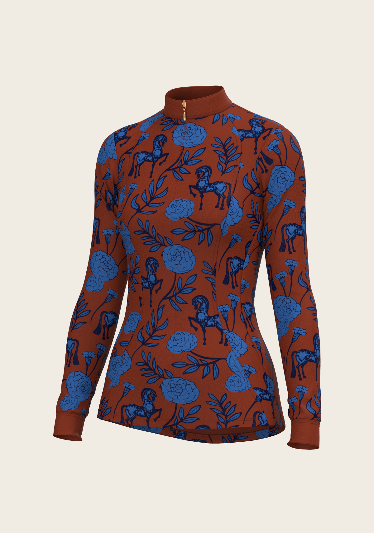 Espoir - Peony in Blue on Tan Quarter Zip Sun Shirt