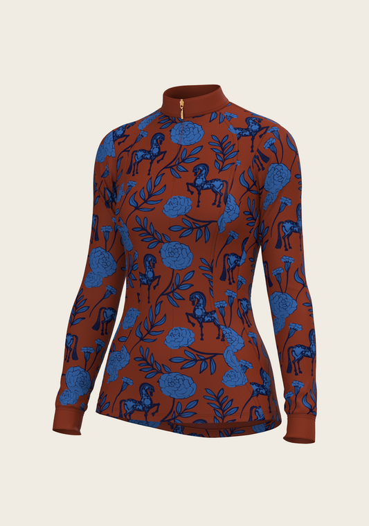 Espoir - Peony in Blue on Tan Quarter Zip Sun Shirt