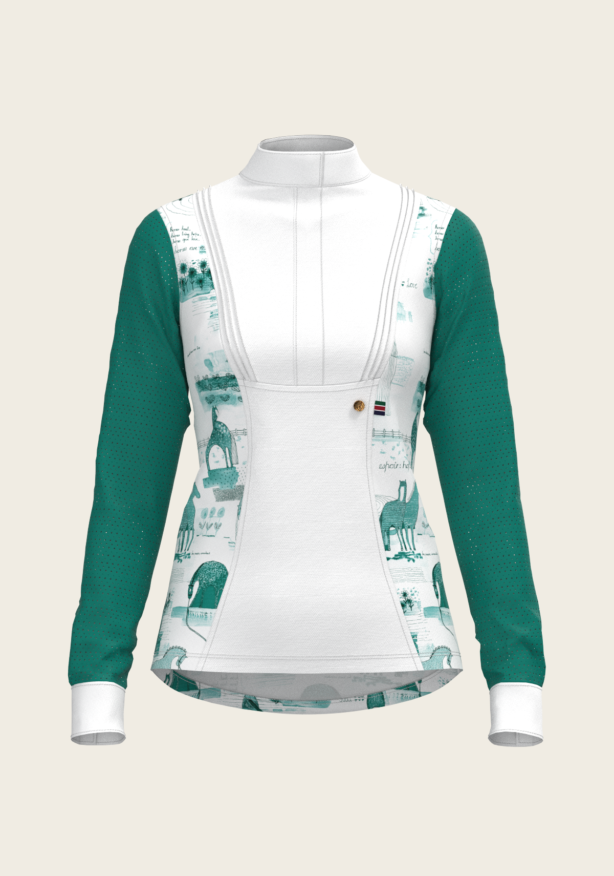 Espoir - Daydreaming Horses in Green Short Pleated Long Sleeve Show Shirt