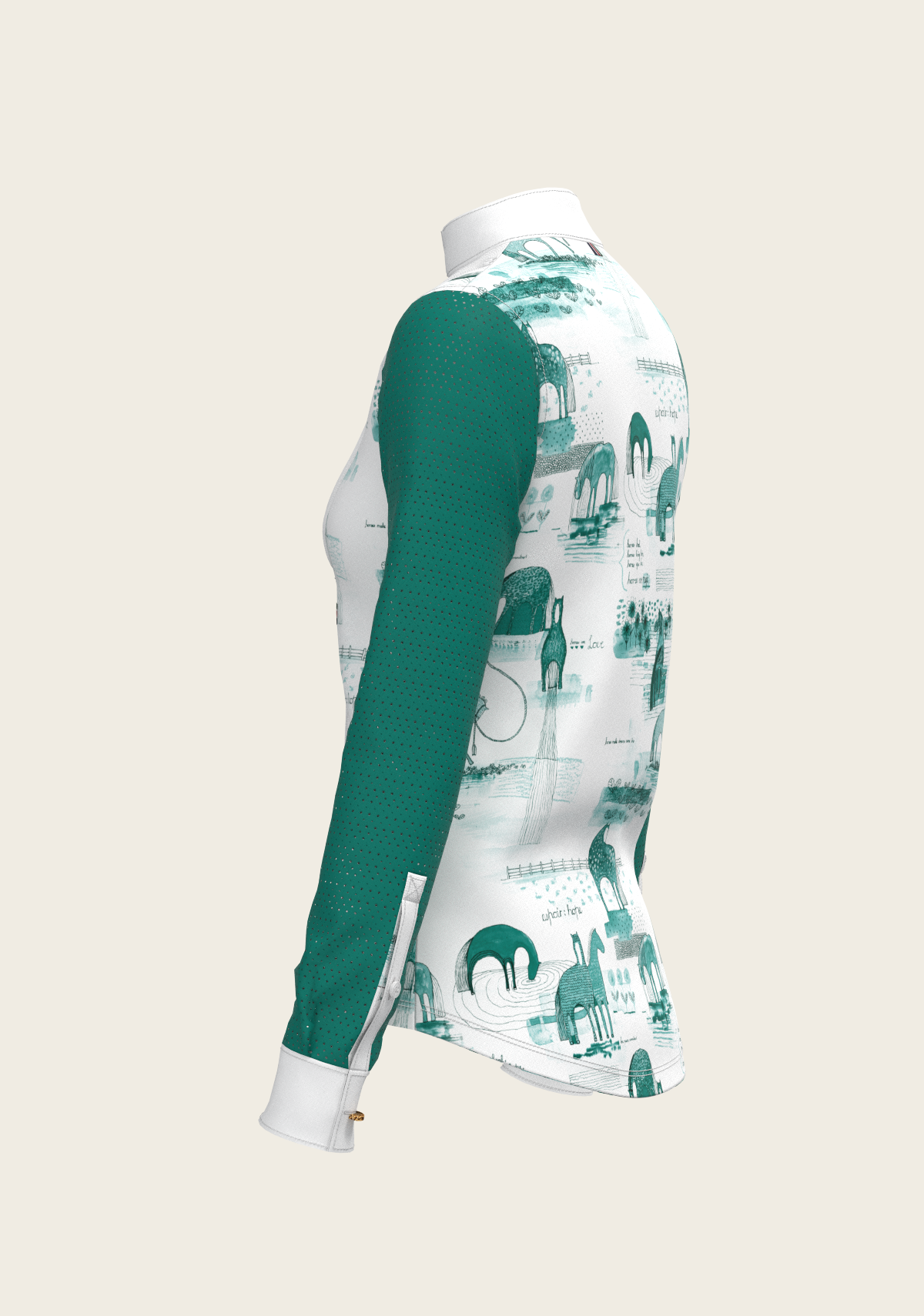Espoir - Daydreaming Horses in Green Short Pleated Long Sleeve Show Shirt