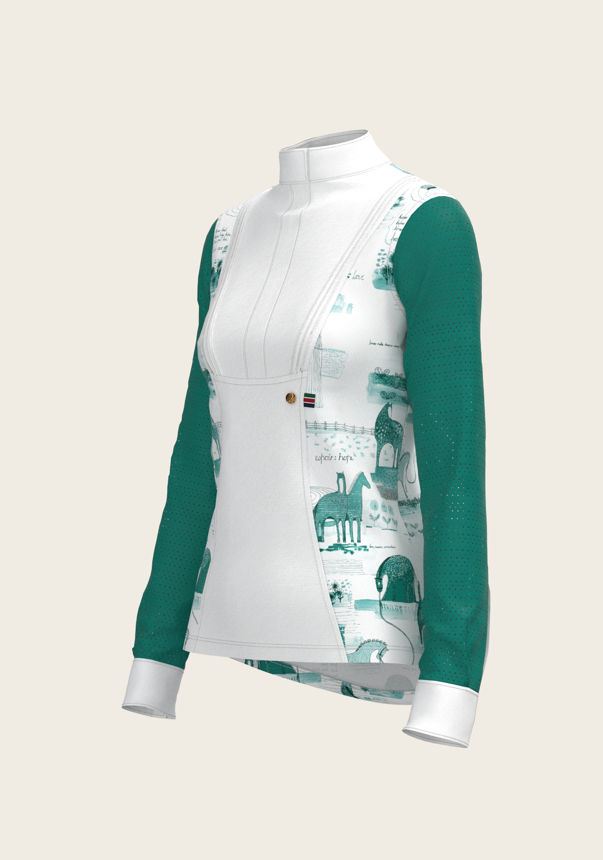Espoir - Daydreaming Horses in Green Short Pleated Long Sleeve Show Shirt