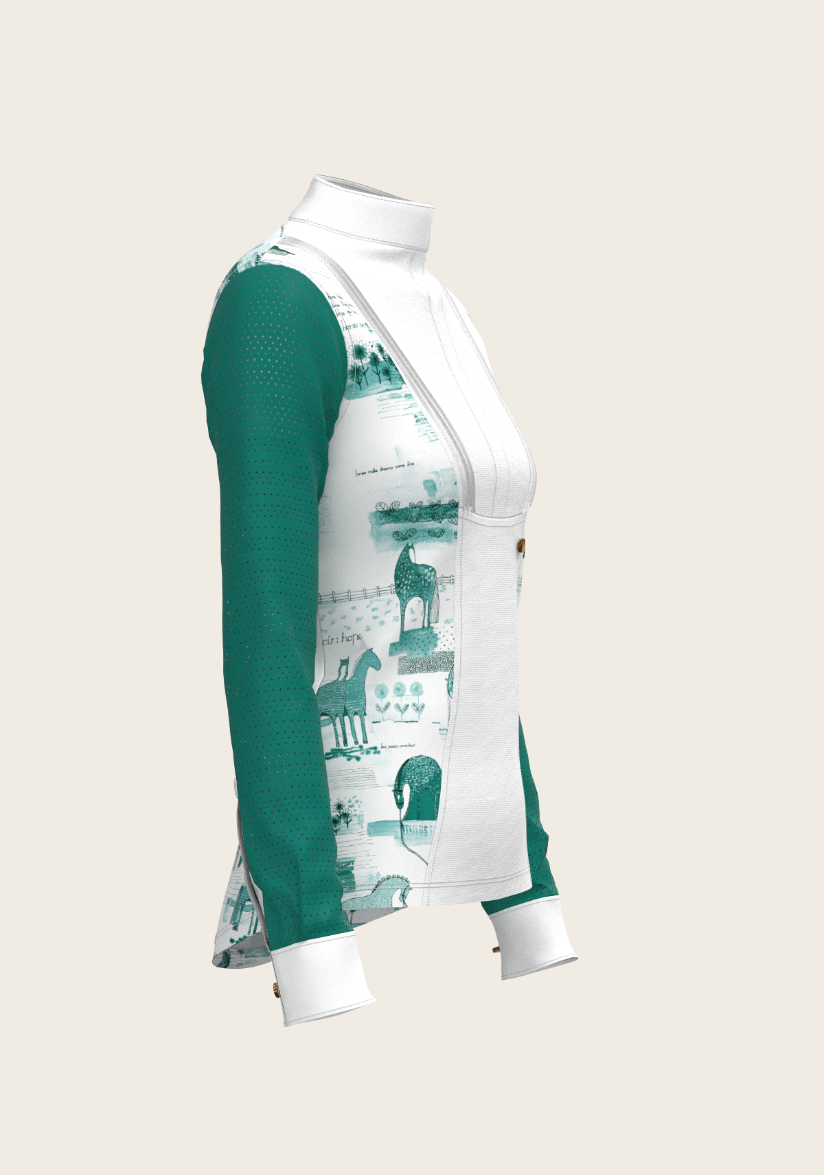 Espoir - Daydreaming Horses in Green Short Pleated Long Sleeve Show Shirt