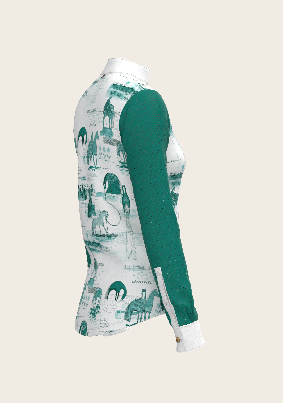 Espoir - Daydreaming Horses in Green Short Pleated Long Sleeve Show Shirt