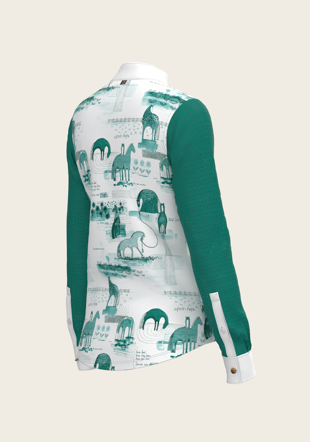 Espoir - Daydreaming Horses in Green Short Pleated Long Sleeve Show Shirt