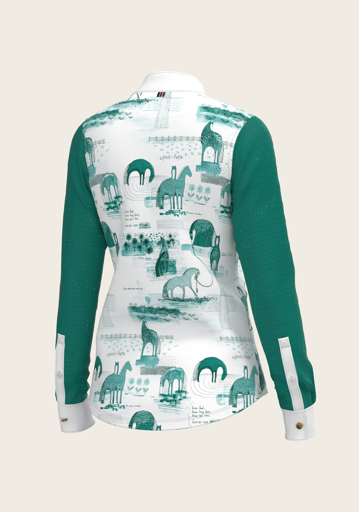 Espoir - Daydreaming Horses in Green Short Pleated Long Sleeve Show Shirt
