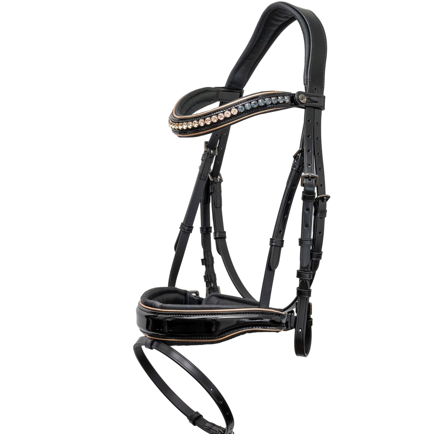 Halter Ego - The Gotham Black Patent Snaffle Bridle – Patent Leather | Croc Print | Ombre Austrian Crystal Browband