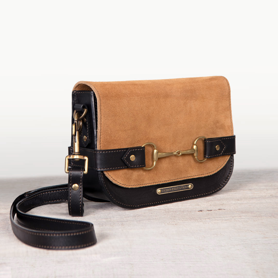 Urban Equestrian Saratoga- Horse Bit Crossbody Luxury Leather Handbag in Black on Chestnut