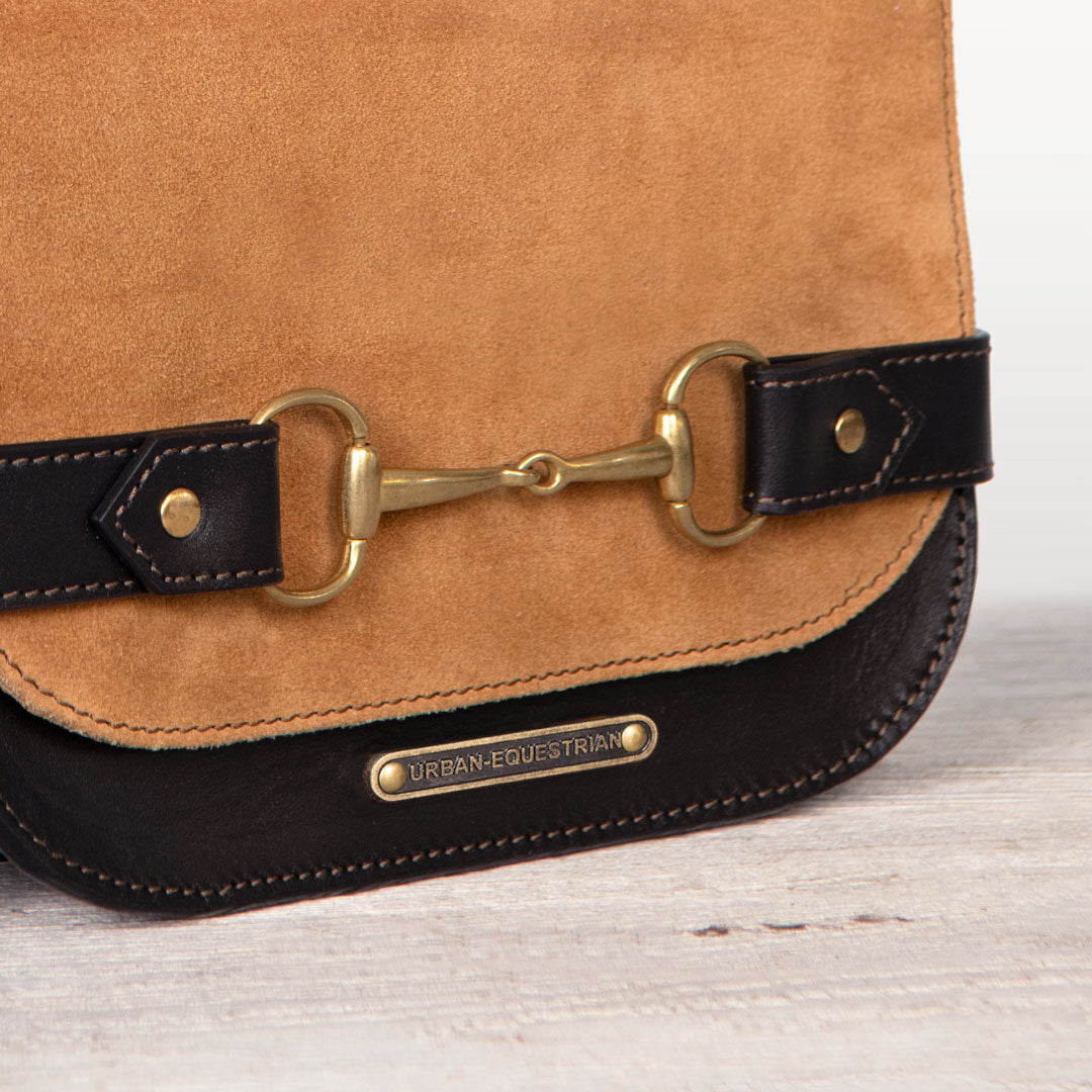Urban Equestrian Saratoga- Horse Bit Crossbody Luxury Leather Handbag in Black on Chestnut