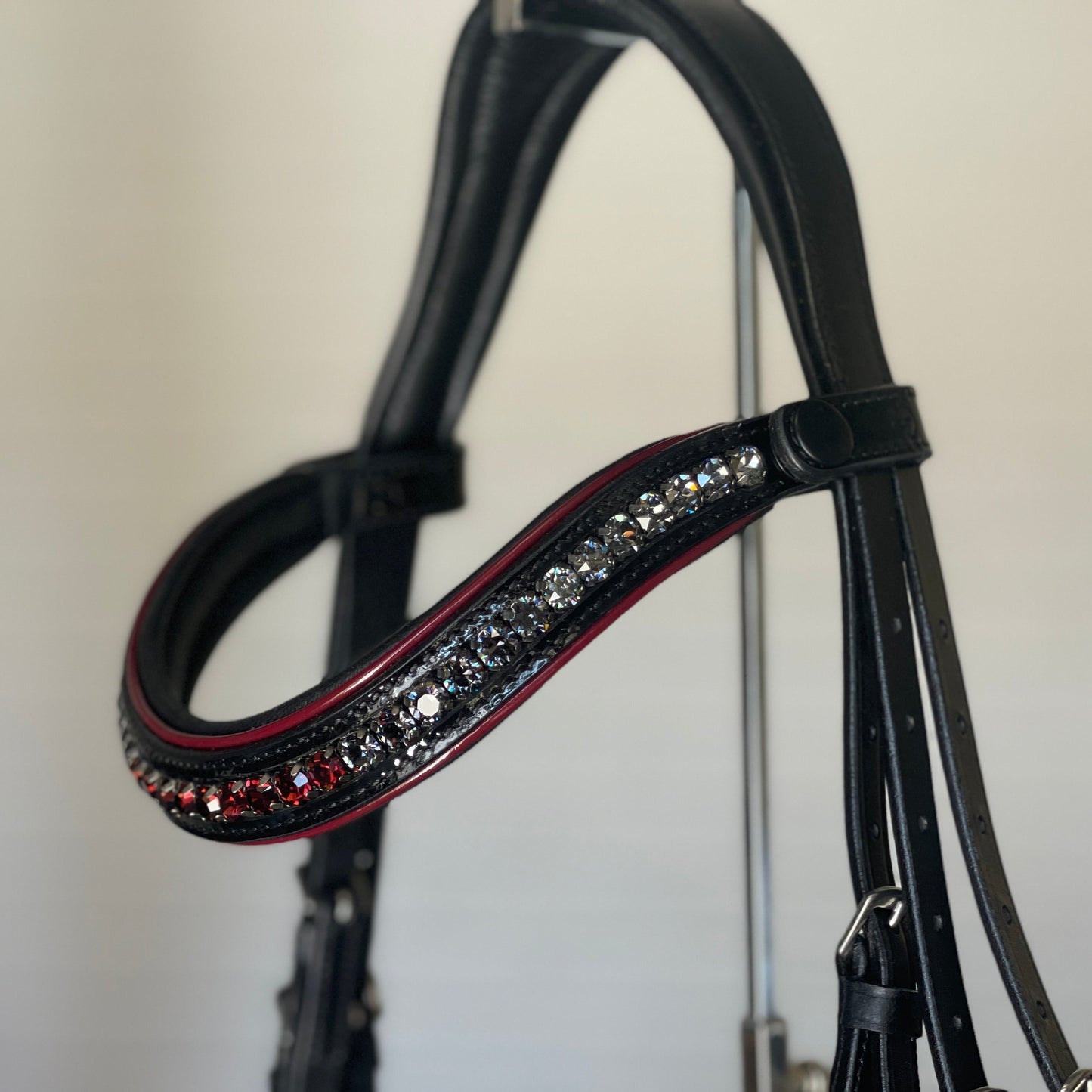 Halter Ego - The Hayworth - Black Patent Snaffle with Burgundy Patent Piping & Removable Flash