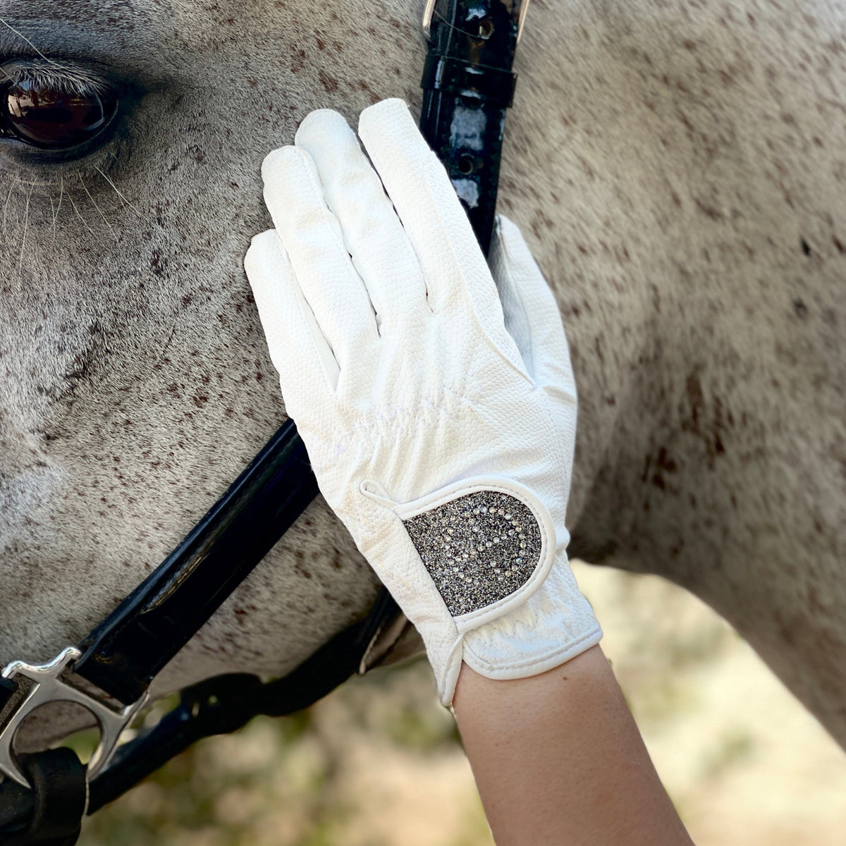 Halter Ego - Competition Gloves - Silver Gray Glitter & Crystal Logo