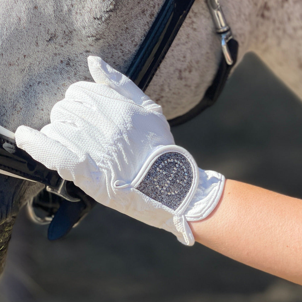 Halter Ego - Competition Gloves - Silver Gray Glitter & Crystal Logo