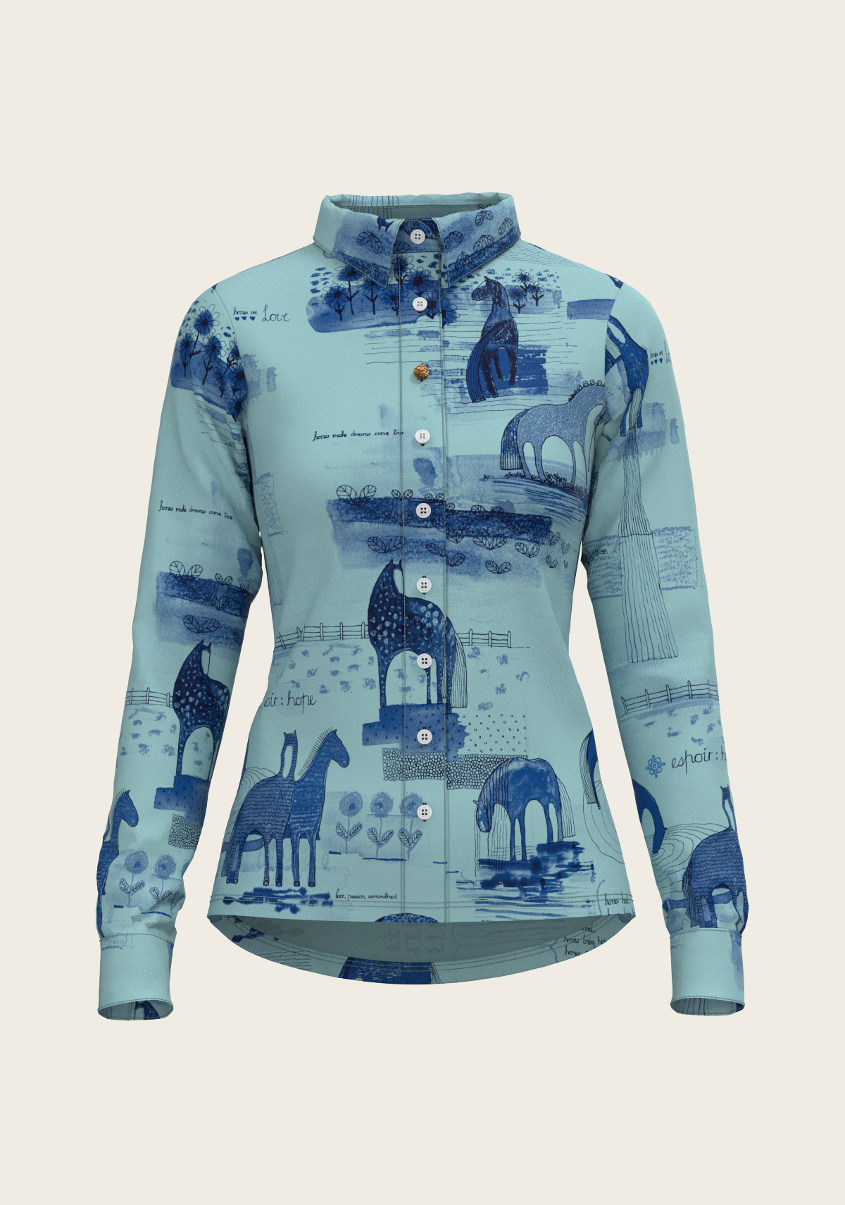 Espoir - Daydreaming Horses in Blue Ladies Button Shirt