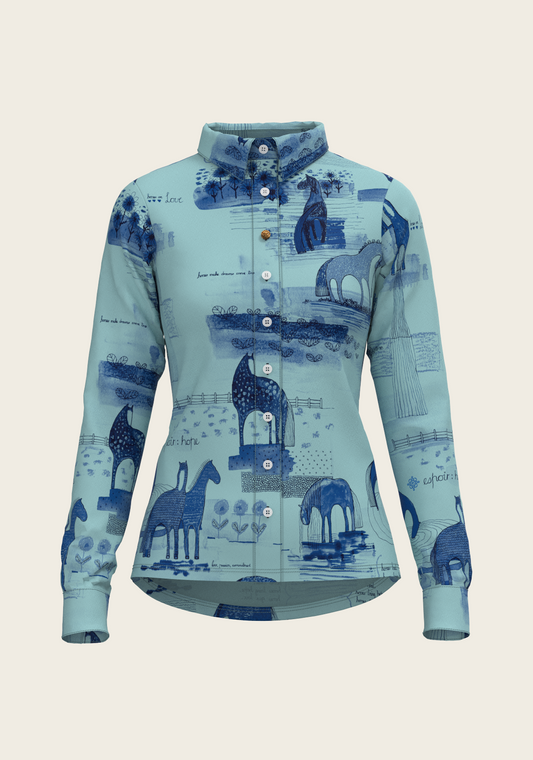 Espoir - Daydreaming Horses in Blue Ladies Button Shirt