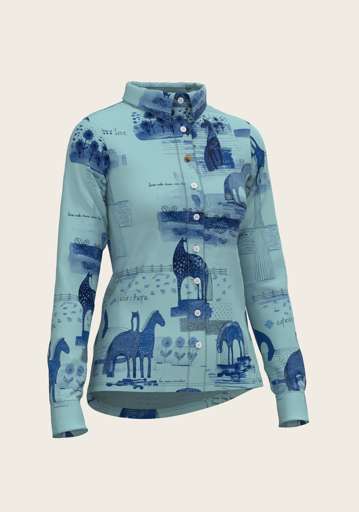 Espoir - Daydreaming Horses in Blue Ladies Button Shirt