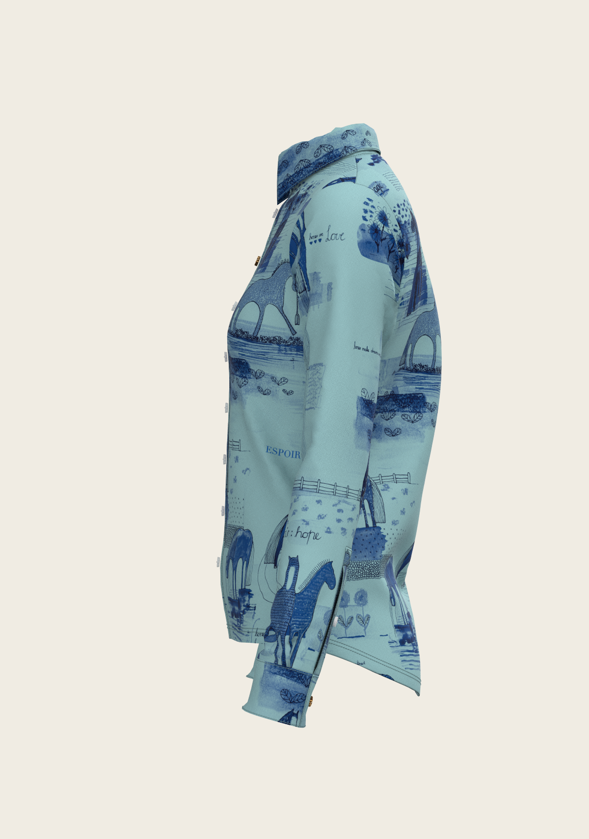 Espoir - Daydreaming Horses in Blue Ladies Button Shirt