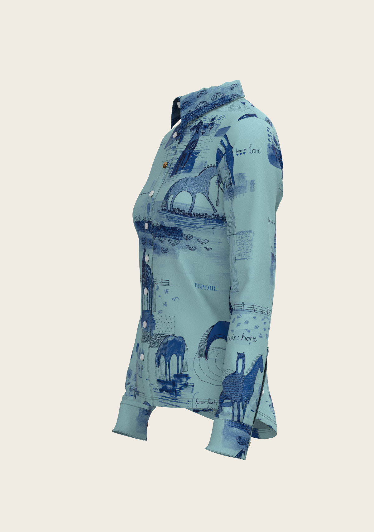 Espoir - Daydreaming Horses in Blue Ladies Button Shirt