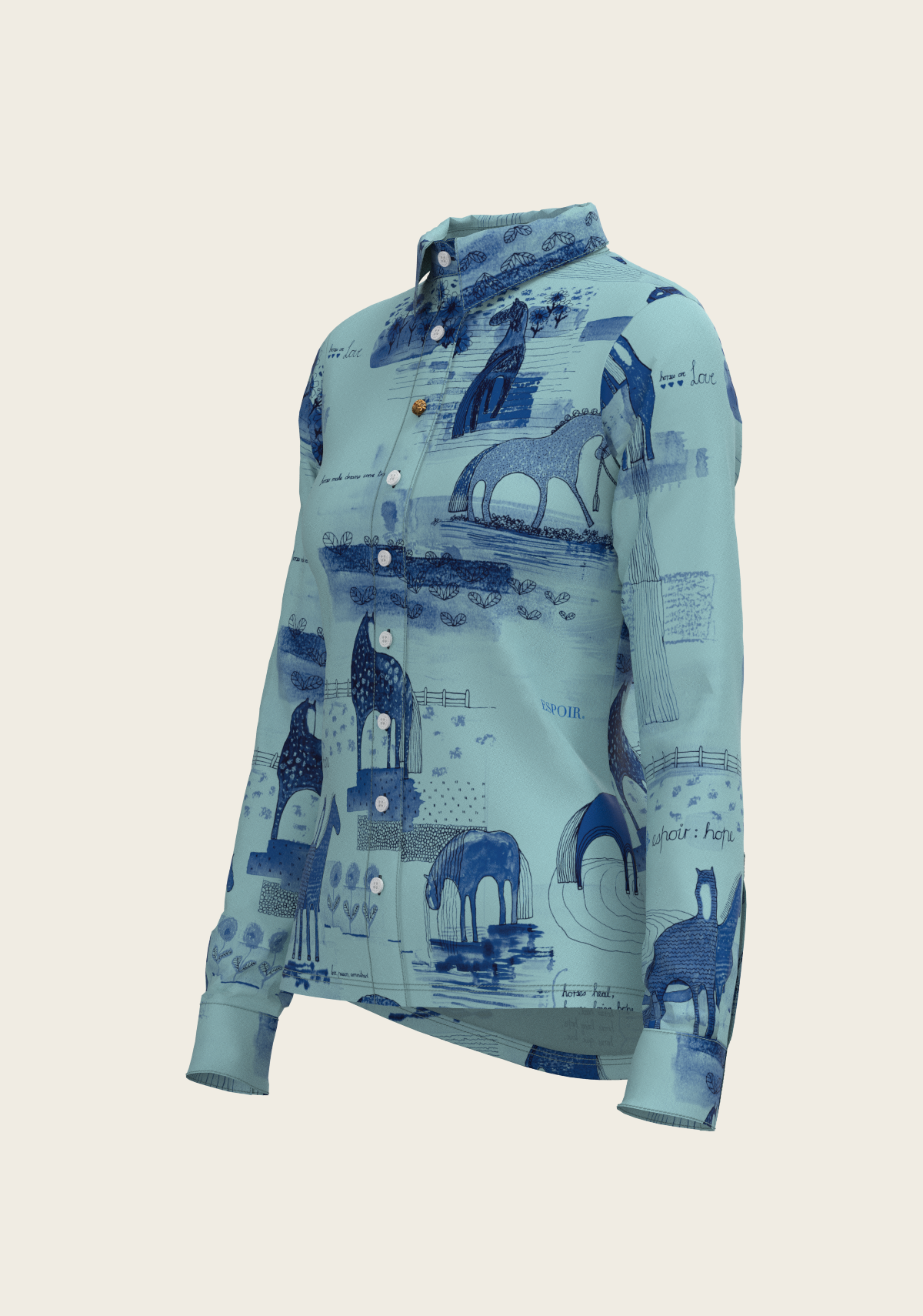 Espoir - Daydreaming Horses in Blue Ladies Button Shirt