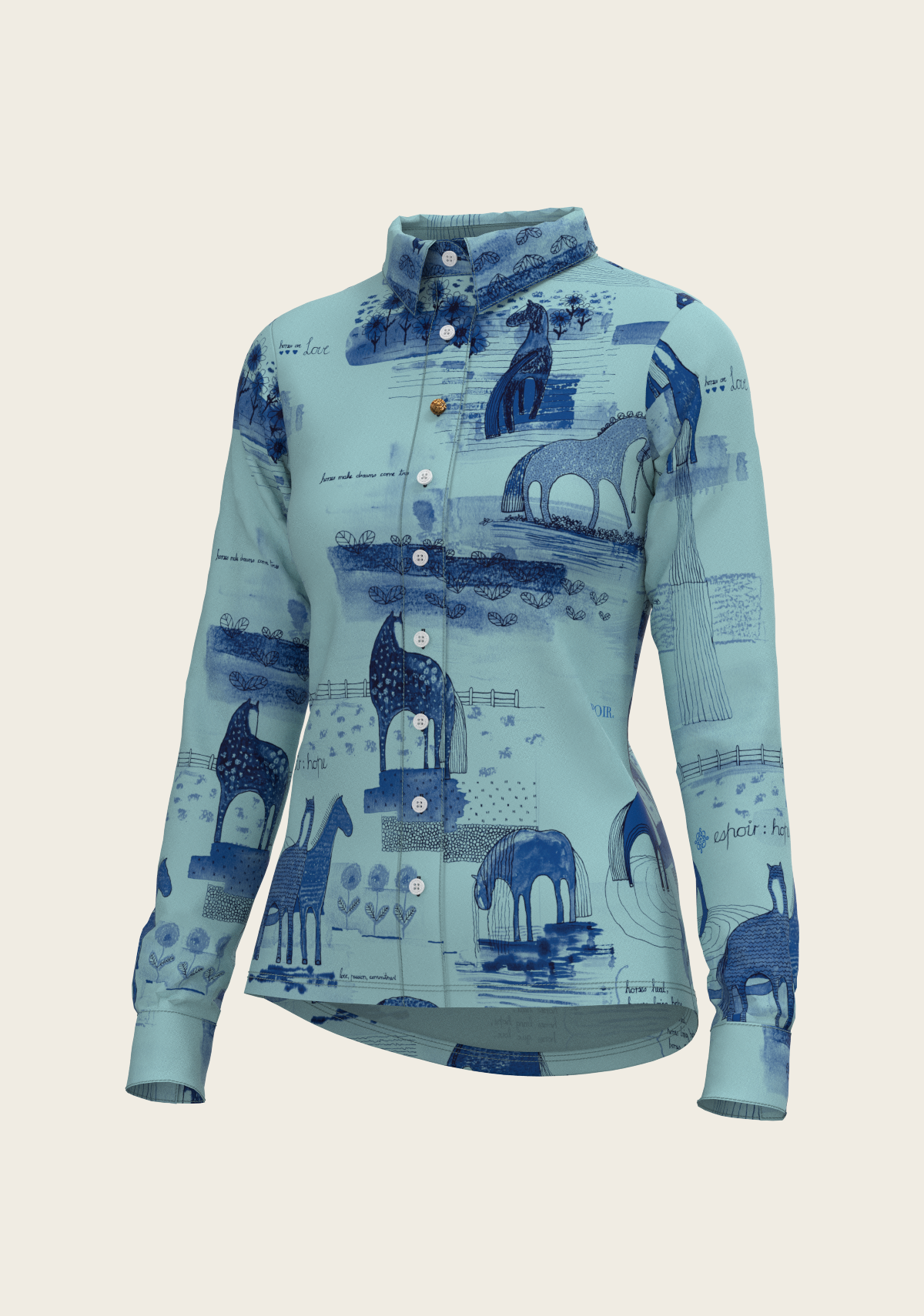 Espoir - Daydreaming Horses in Blue Ladies Button Shirt