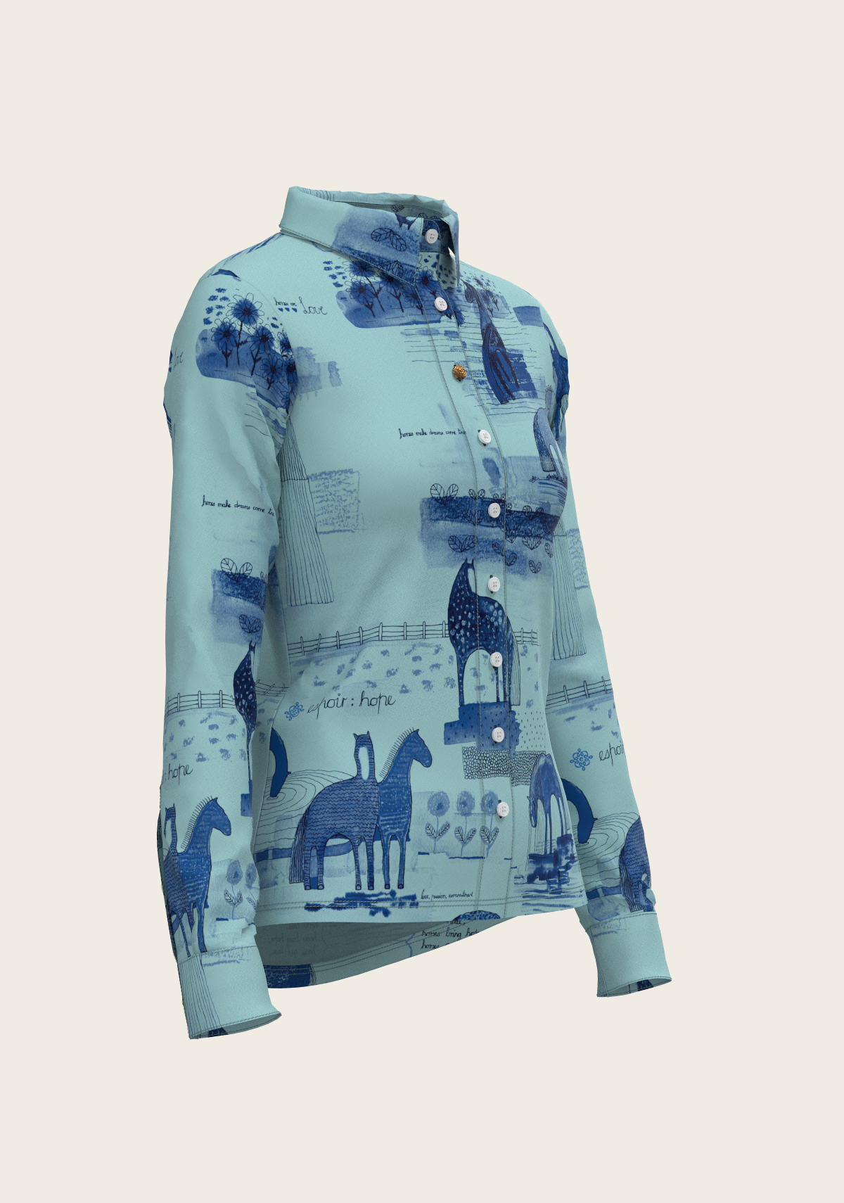 Espoir - Daydreaming Horses in Blue Ladies Button Shirt