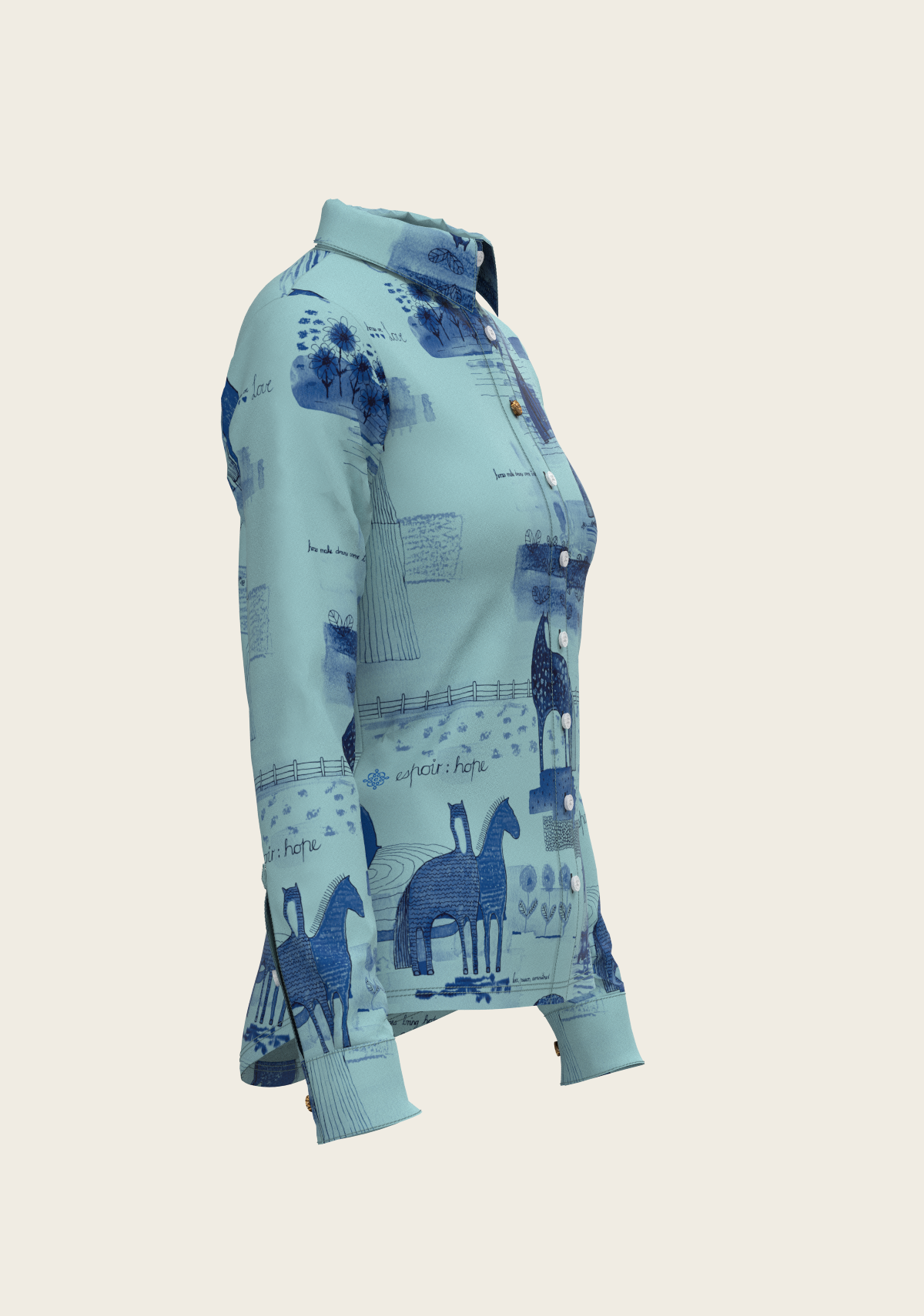 Espoir - Daydreaming Horses in Blue Ladies Button Shirt